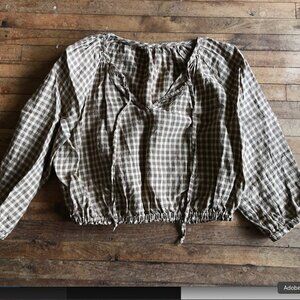 100% Linen plaid peasant blouse